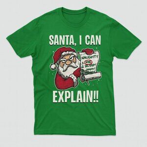 Funny Kids Christmas T-Shirt – “Santa, I Can Explain!!” Green Holiday Tee Size 8